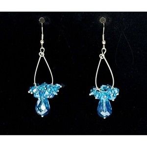 New Teal Blue Aqua Beaded Hand Crafted Crystal Teardrop Earrings Silver‎